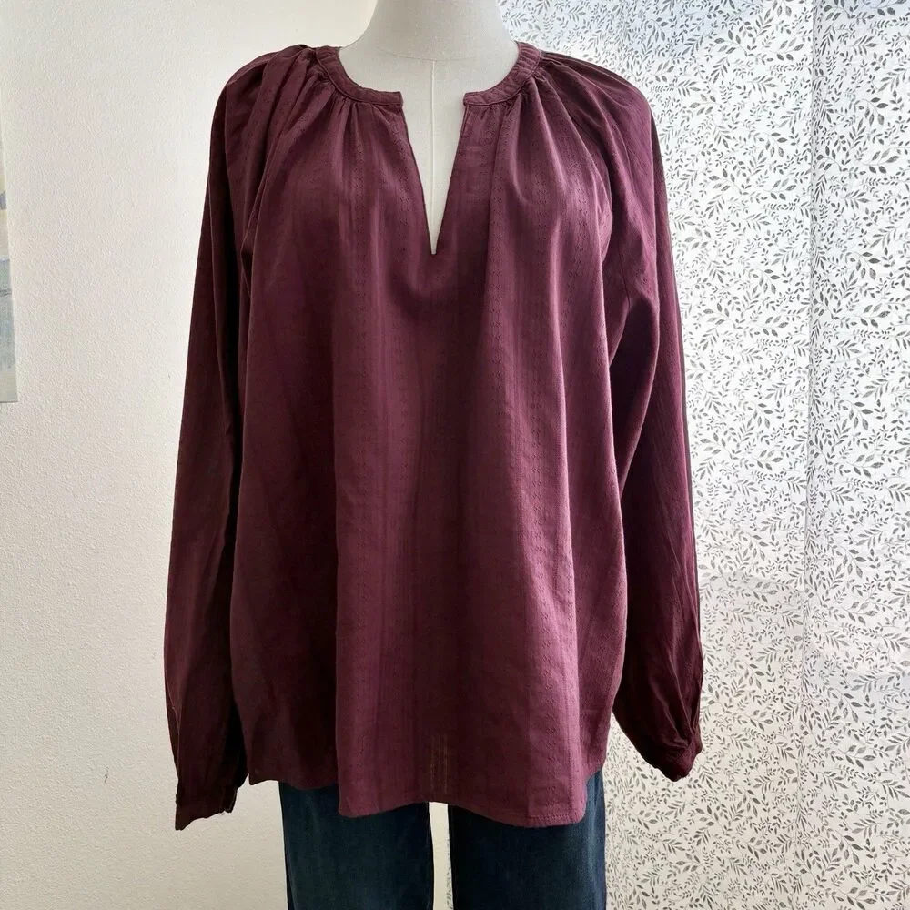 Old Navy Textured Blouse Dark Mauve Split Neck Long Sleeve Women's Large Boho